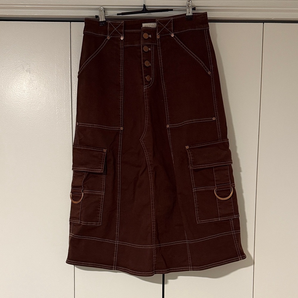 Pilcro Dark Brown Midi Skirt with Stitch Detail